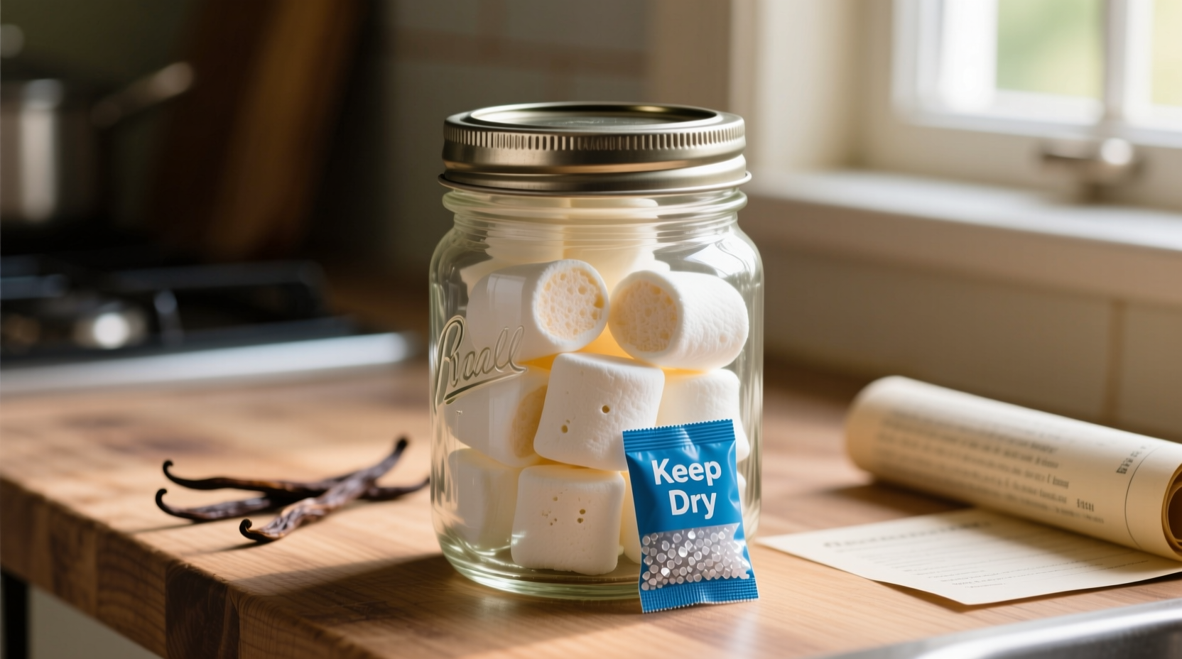 Homemade marshmallows in mason jar with silica packet
