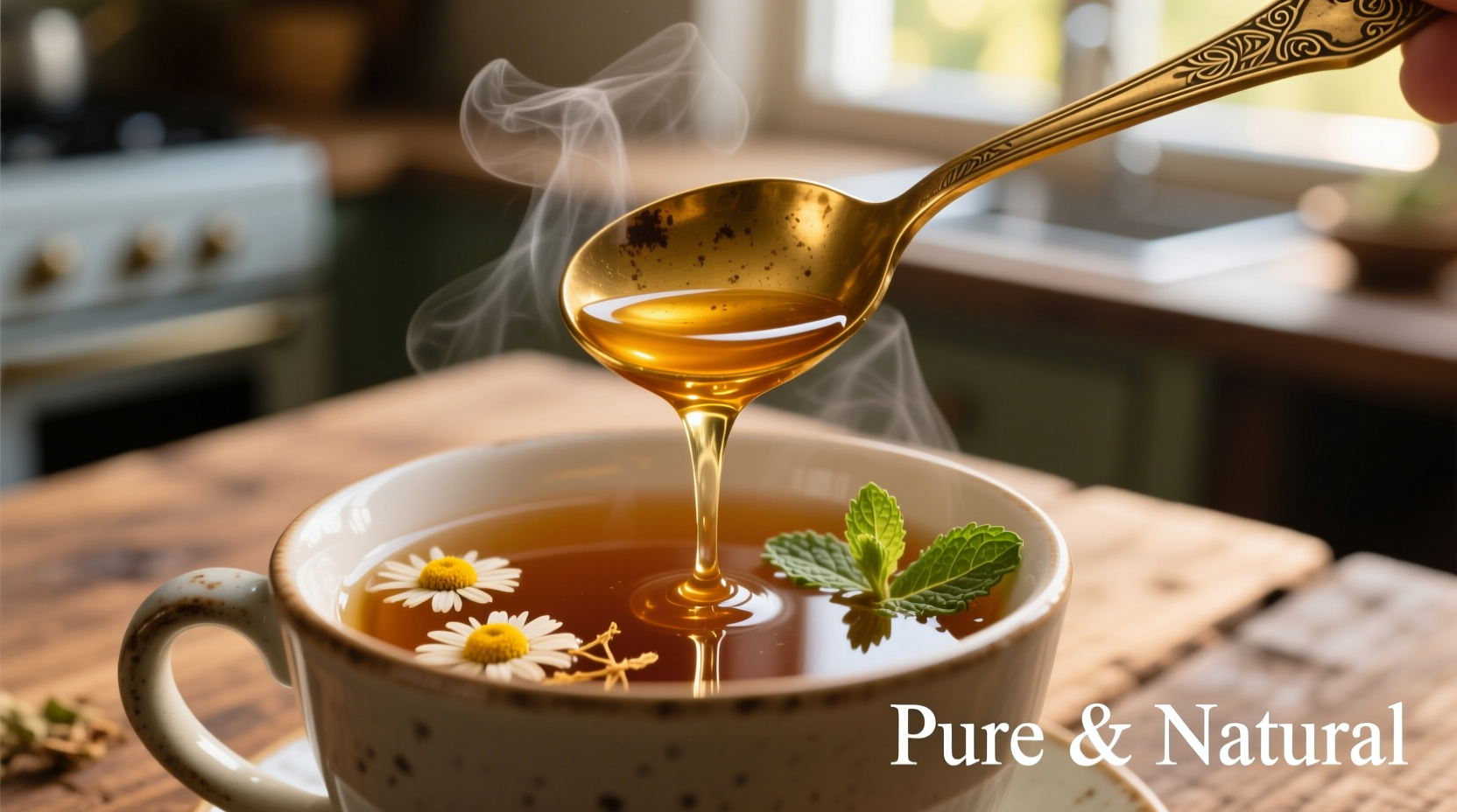 Raw honey spoon being stirred into warm herbal tea showing unprocessed texture