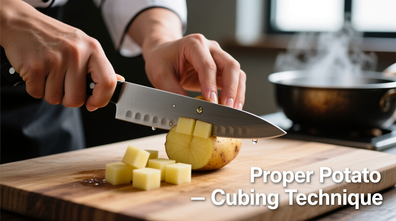 Chef's hands demonstrating proper potato cubing technique