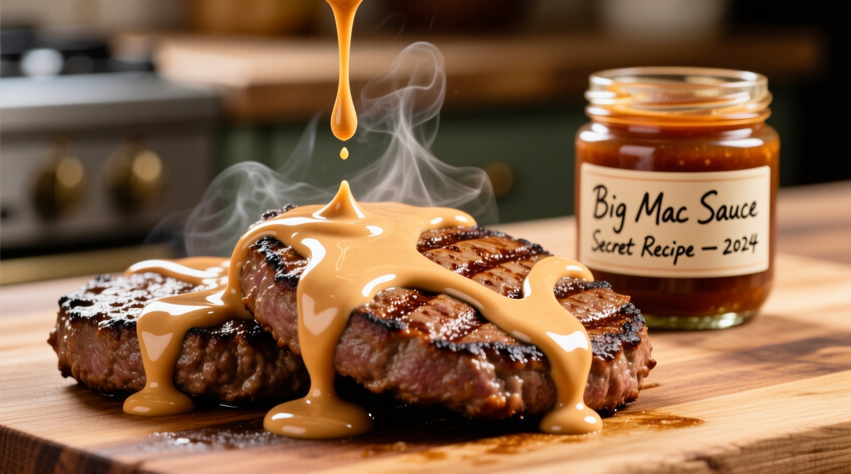 Homemade Big Mac sauce drizzled on fresh beef patties