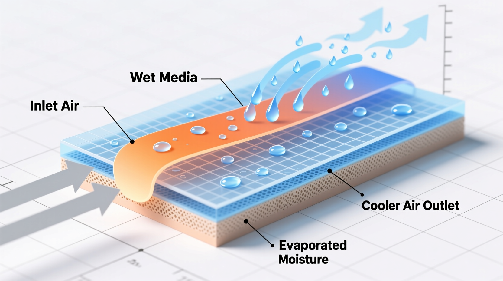 Evaporative cooling process diagram showing air flow through wet media
