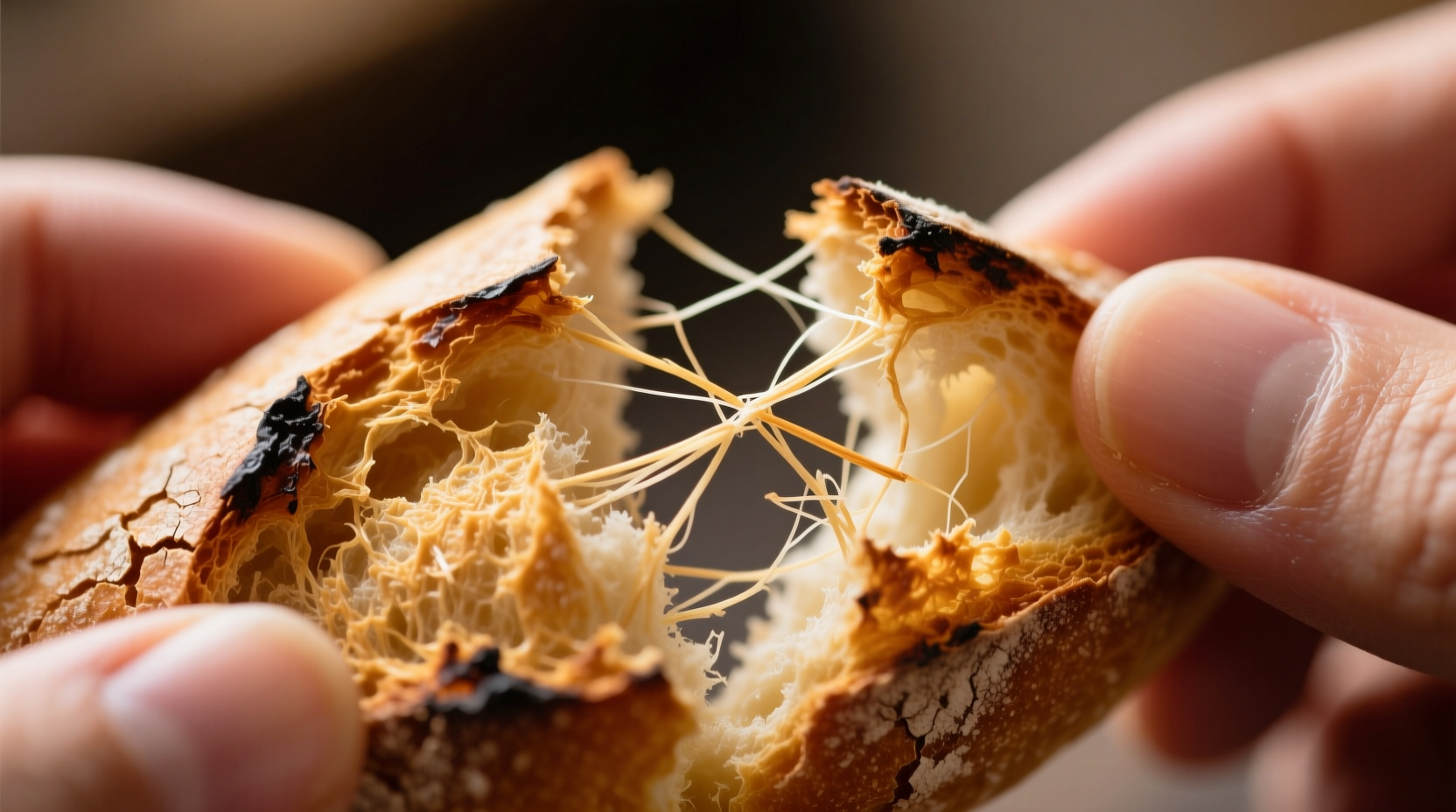 Close-up of bread crust fibers being separated for crafting