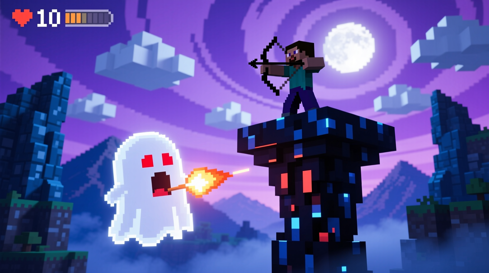 Minecraft player shooting ghast from elevated position