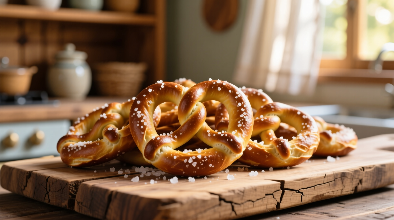 Golden brown pretzel bites with sea salt on wooden board