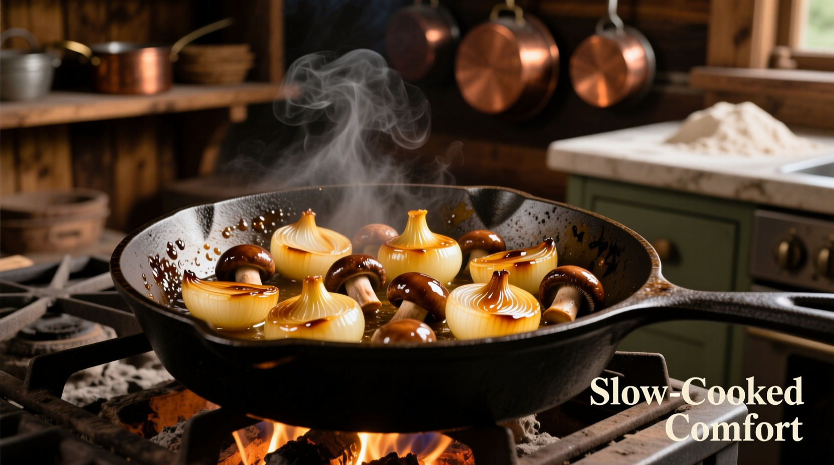 Golden caramelized onions and mushrooms in cast iron skillet