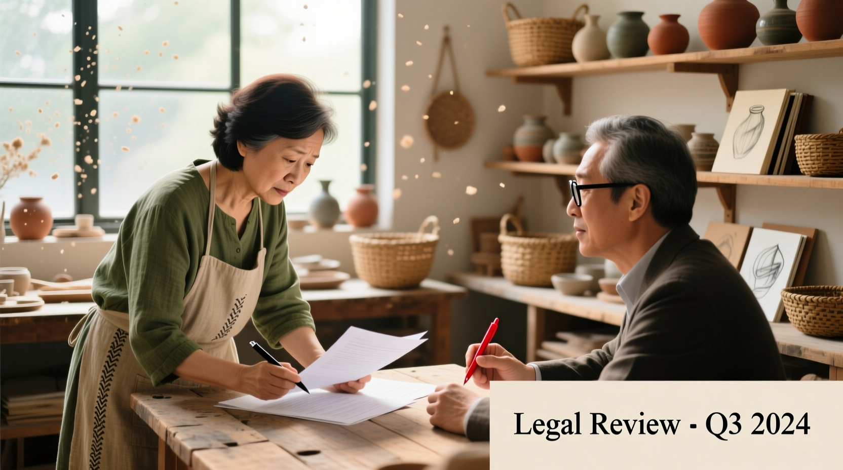 Craft business owner reviewing legal documents with accountant