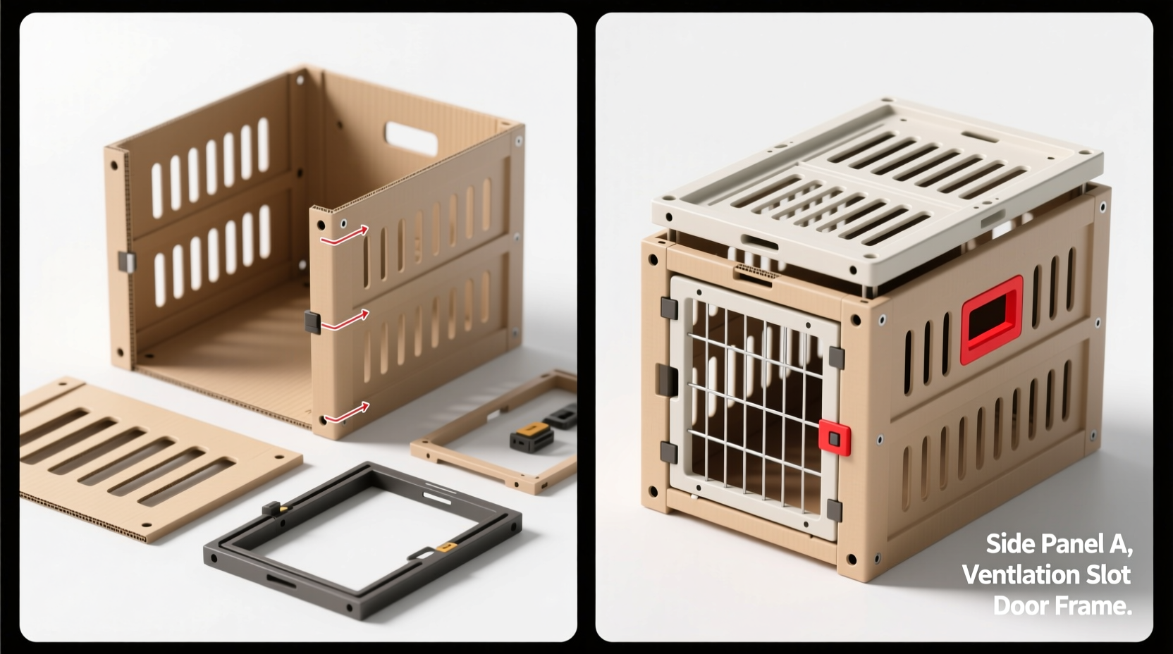 Step-by-step dog crate assembly showing ventilation slot installation