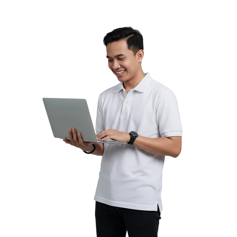 Ilustrasi penjual laki-laki menggunakan laptop