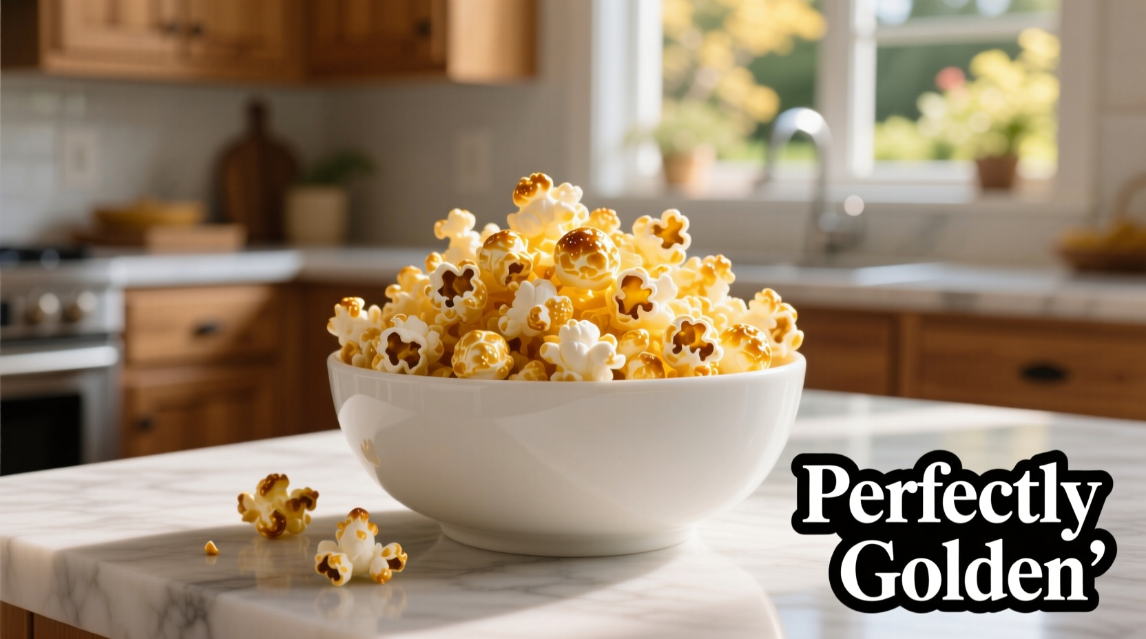 Perfect golden popcorn in a white bowl with kernels