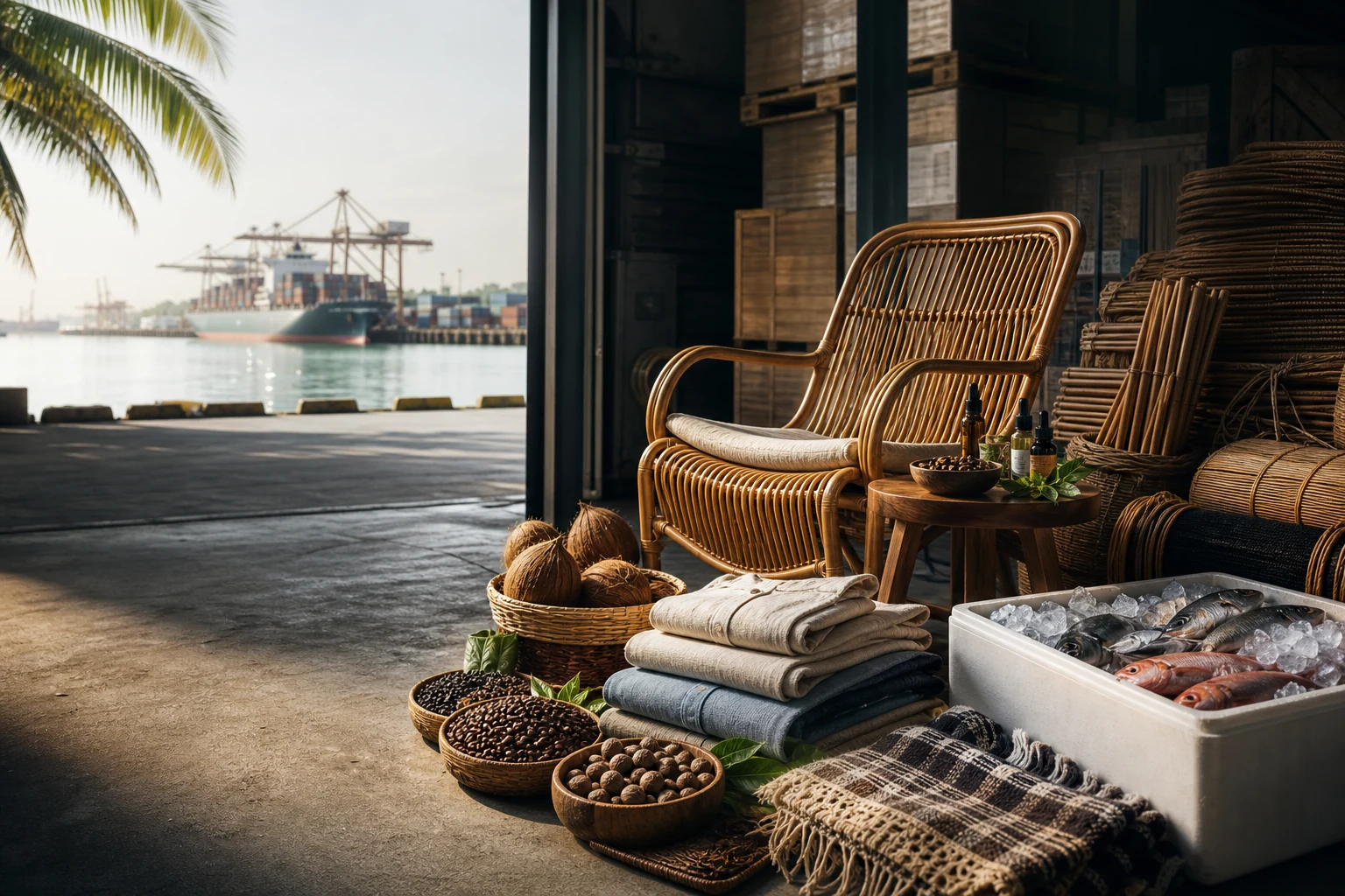 Illustrative Indonesian export products staged in a port warehouse