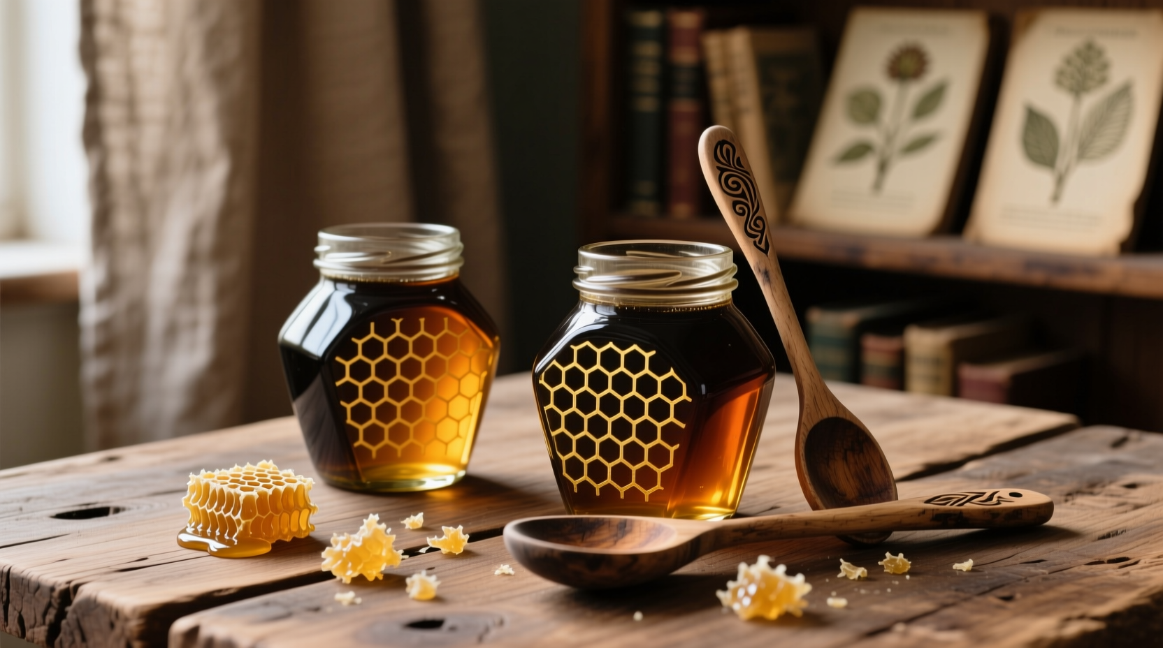 Dark glass honey jars with wooden spoons and honeycomb