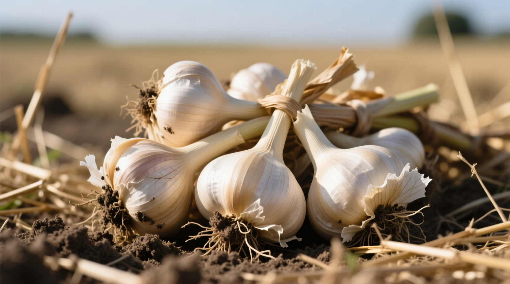 Garlic harvest showing mature bulbs with intact wrappers