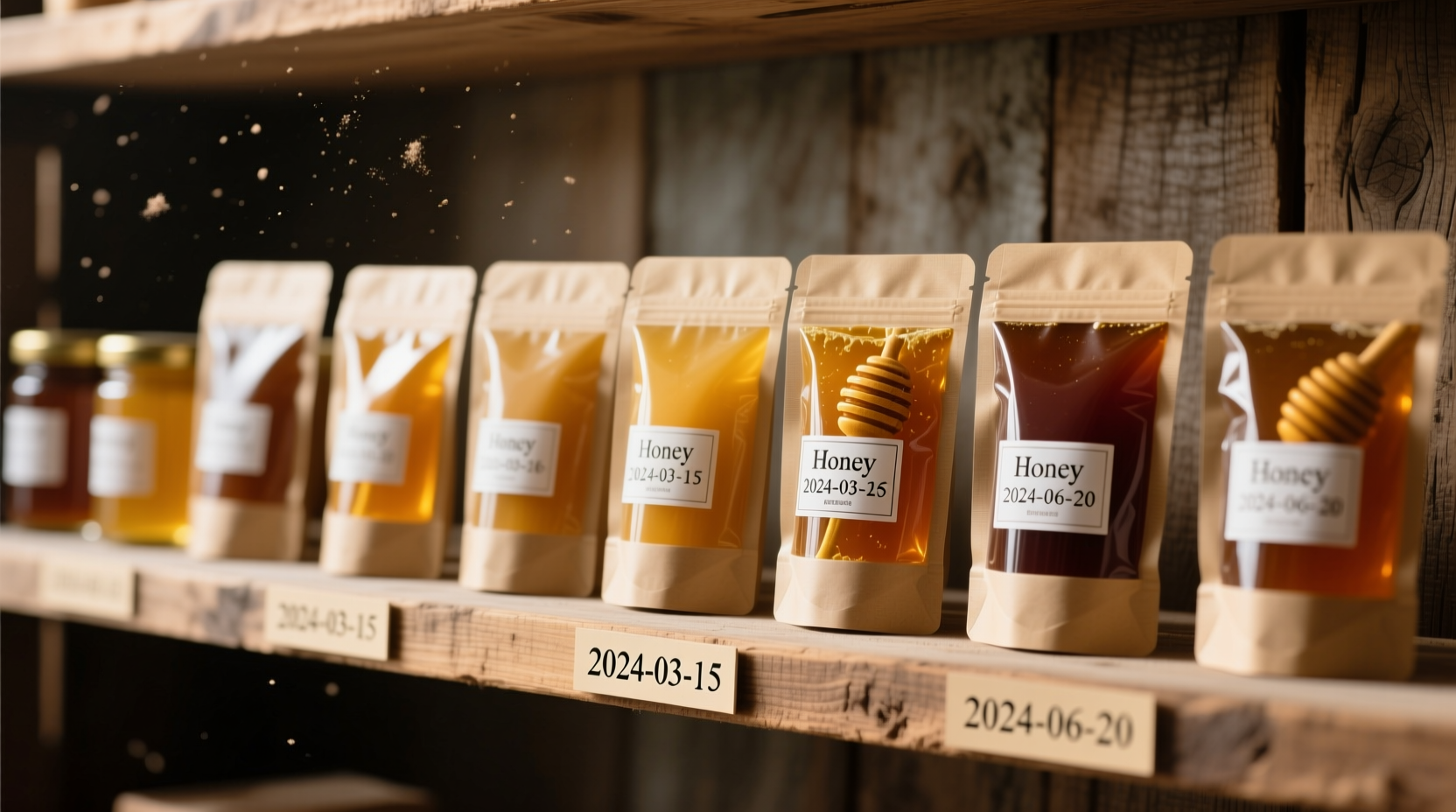 Honey packs arranged by freshness timeline