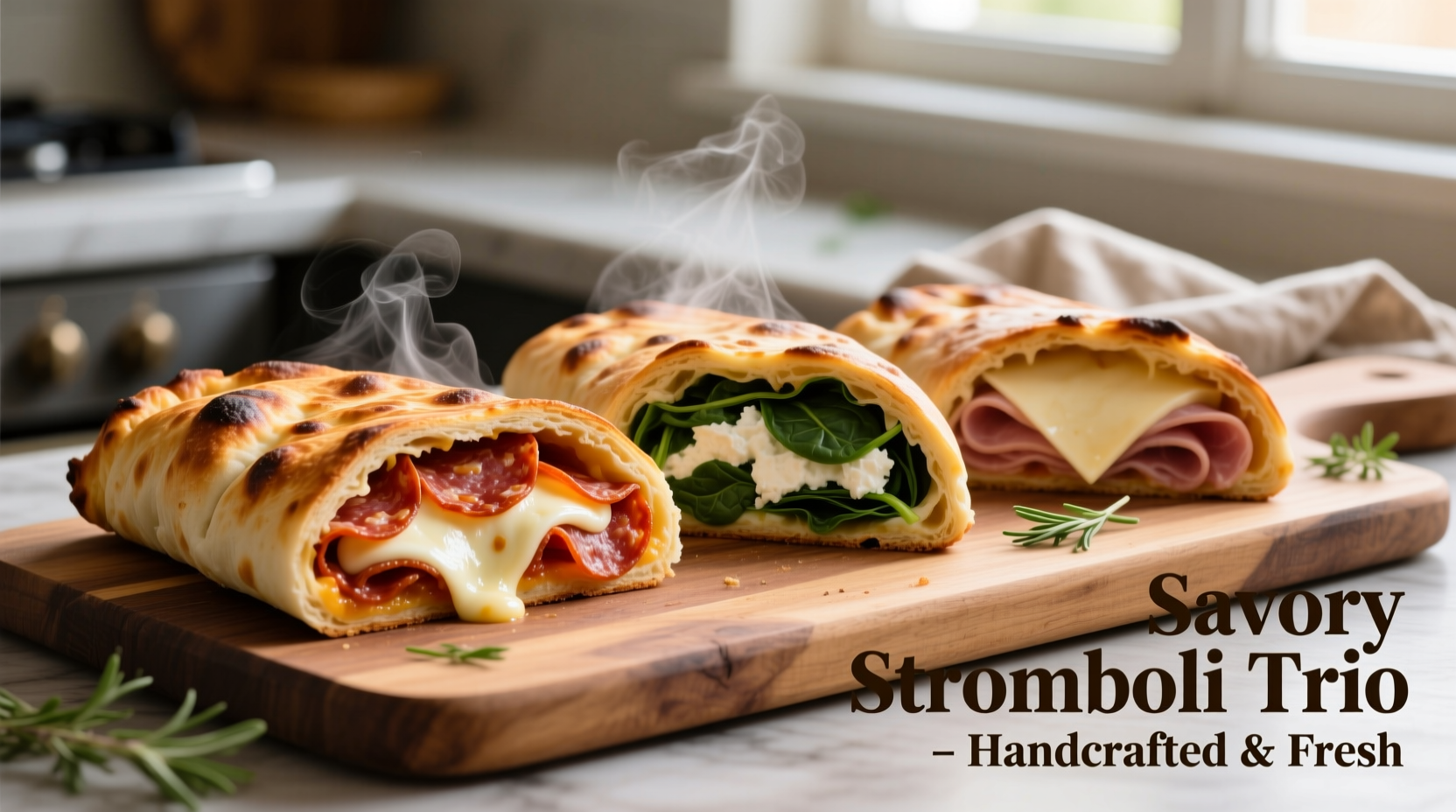 Three stromboli variations sliced open showing different fillings