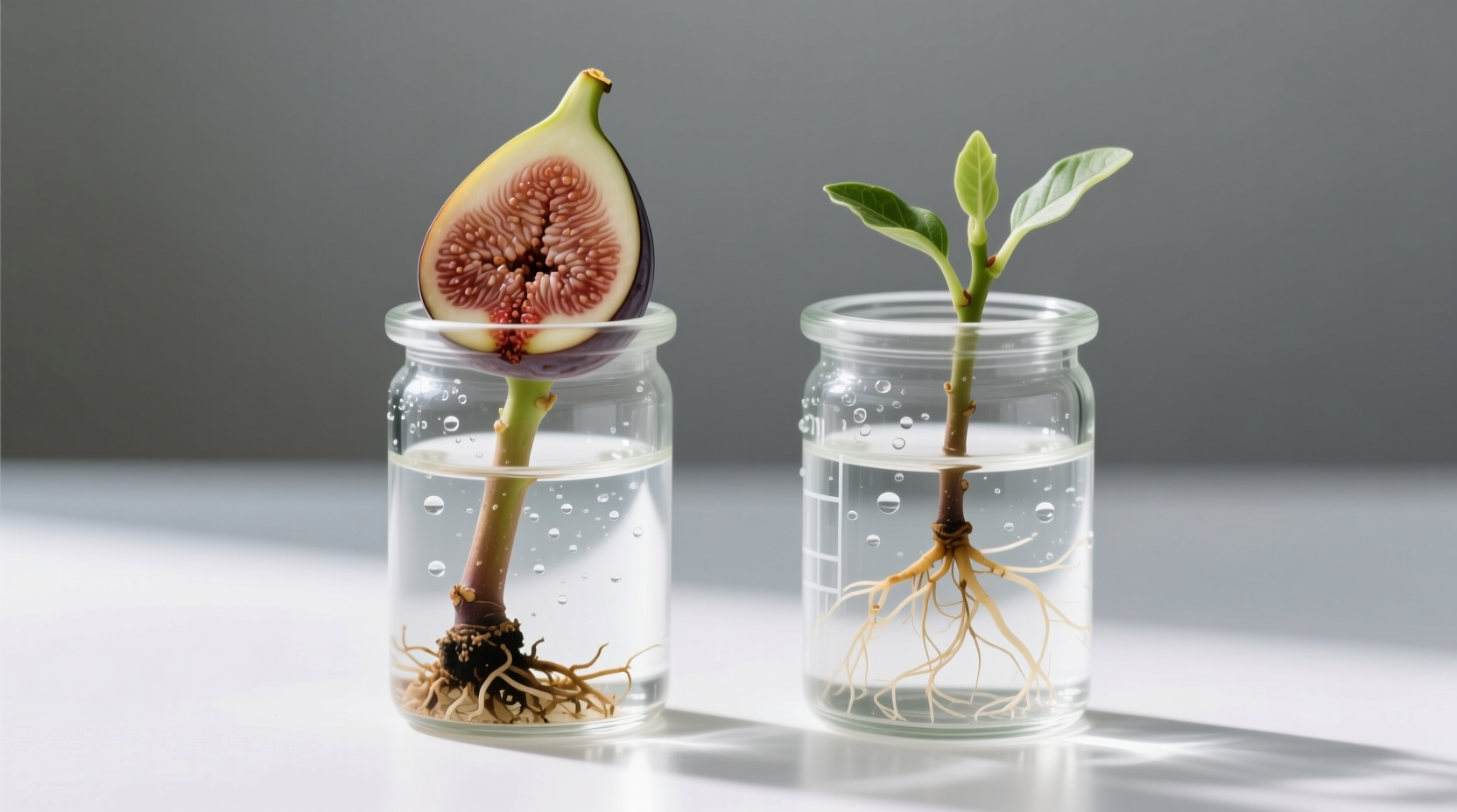 Rooting hormone necessity: fig cutting comparison showing callus development with hormone during critical summer propagation window