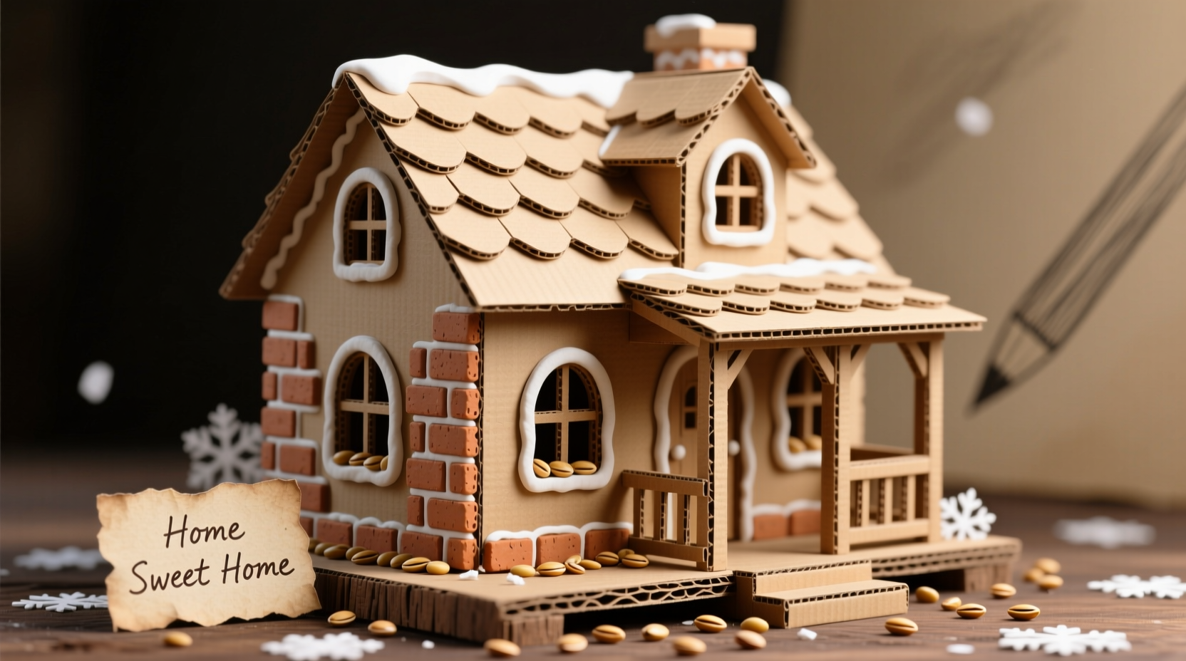 Textured cardboard gingerbread house with lentil bricks