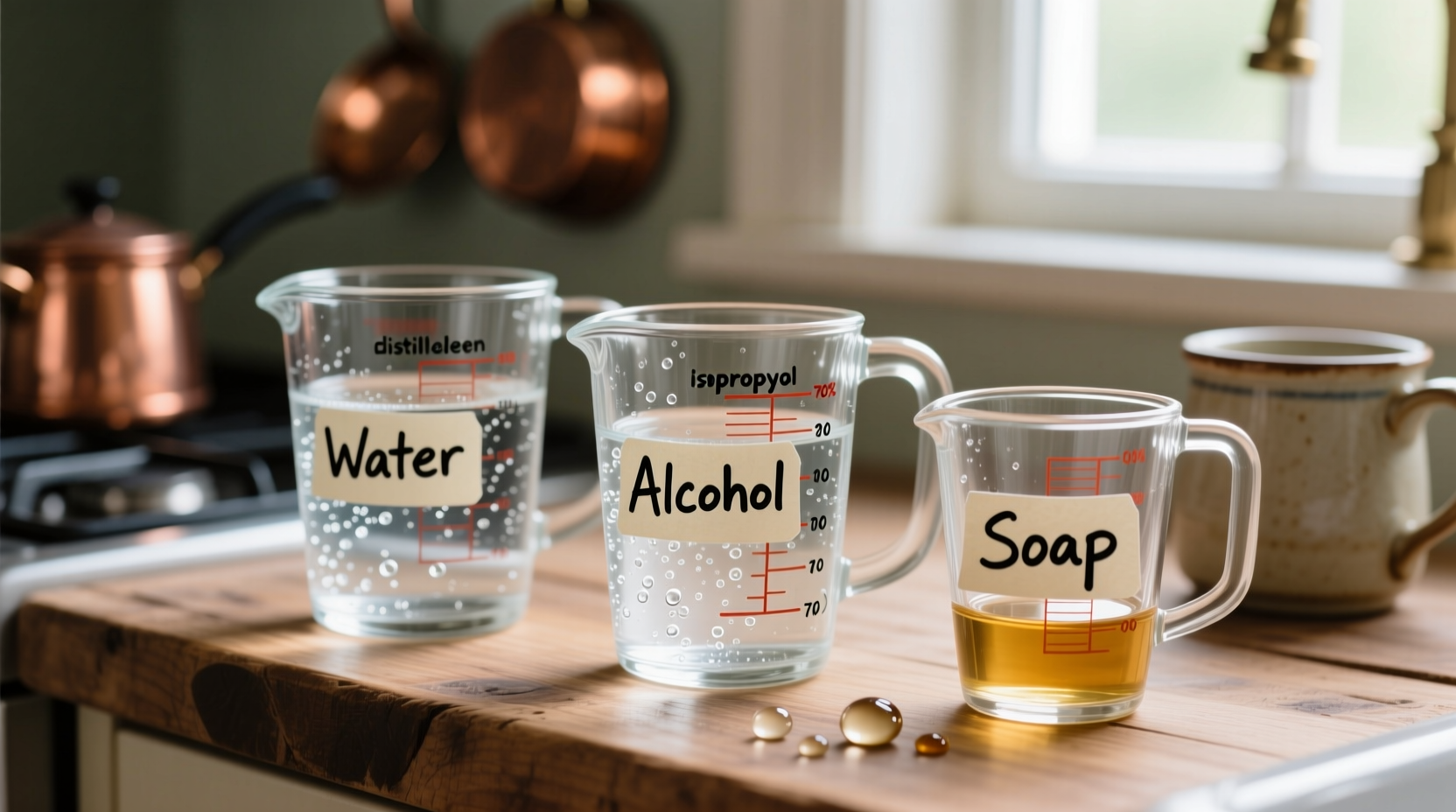Homemade windscreen washer fluid ingredients in measuring cups