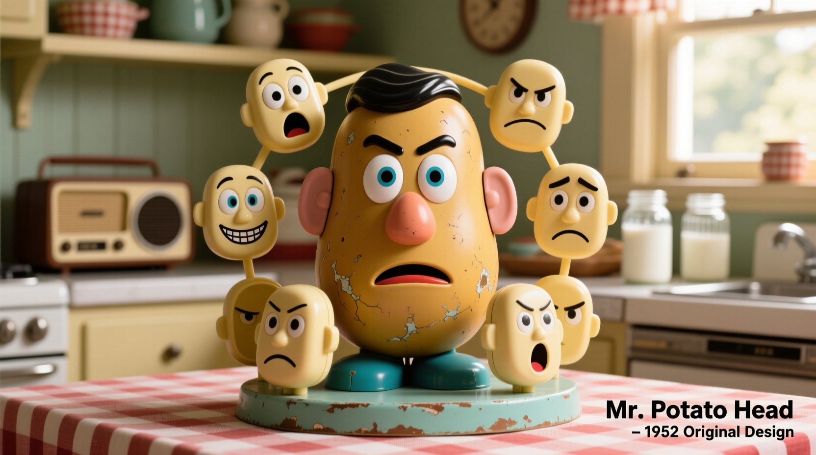 Vintage Mr Potato Head toy with multiple facial expressions