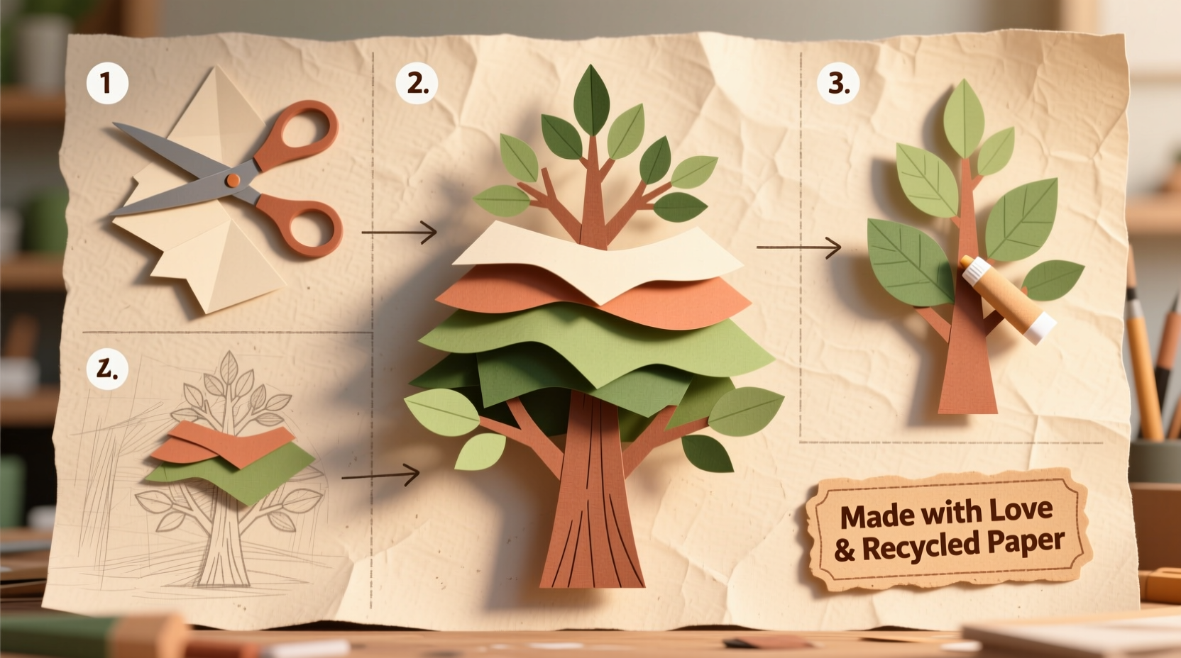 Step-by-step craft tree assembly with recycled paper