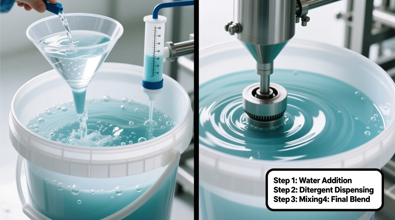 Step-by-step liquid detergent mixing process in bucket