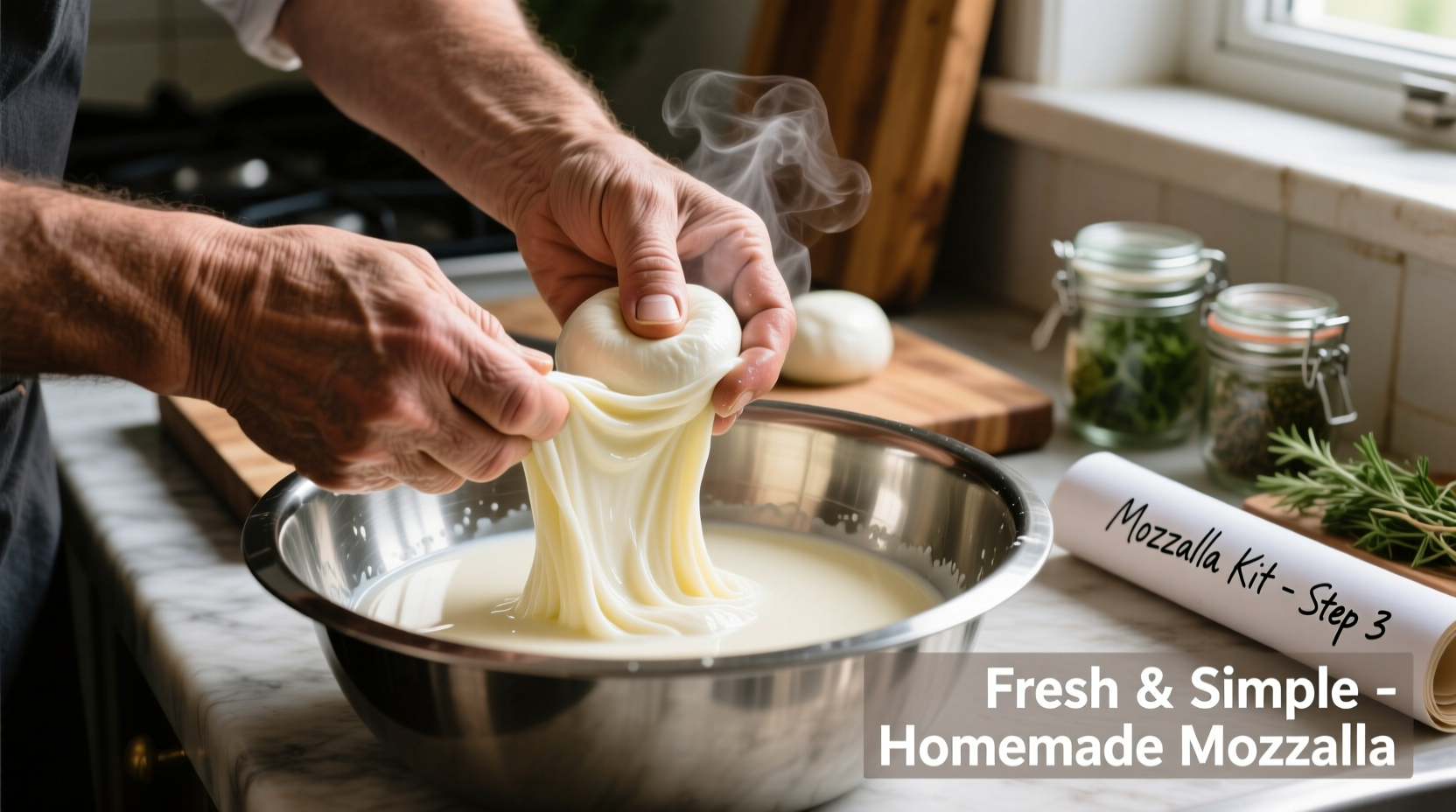 Hands making mozzarella cheese with kit