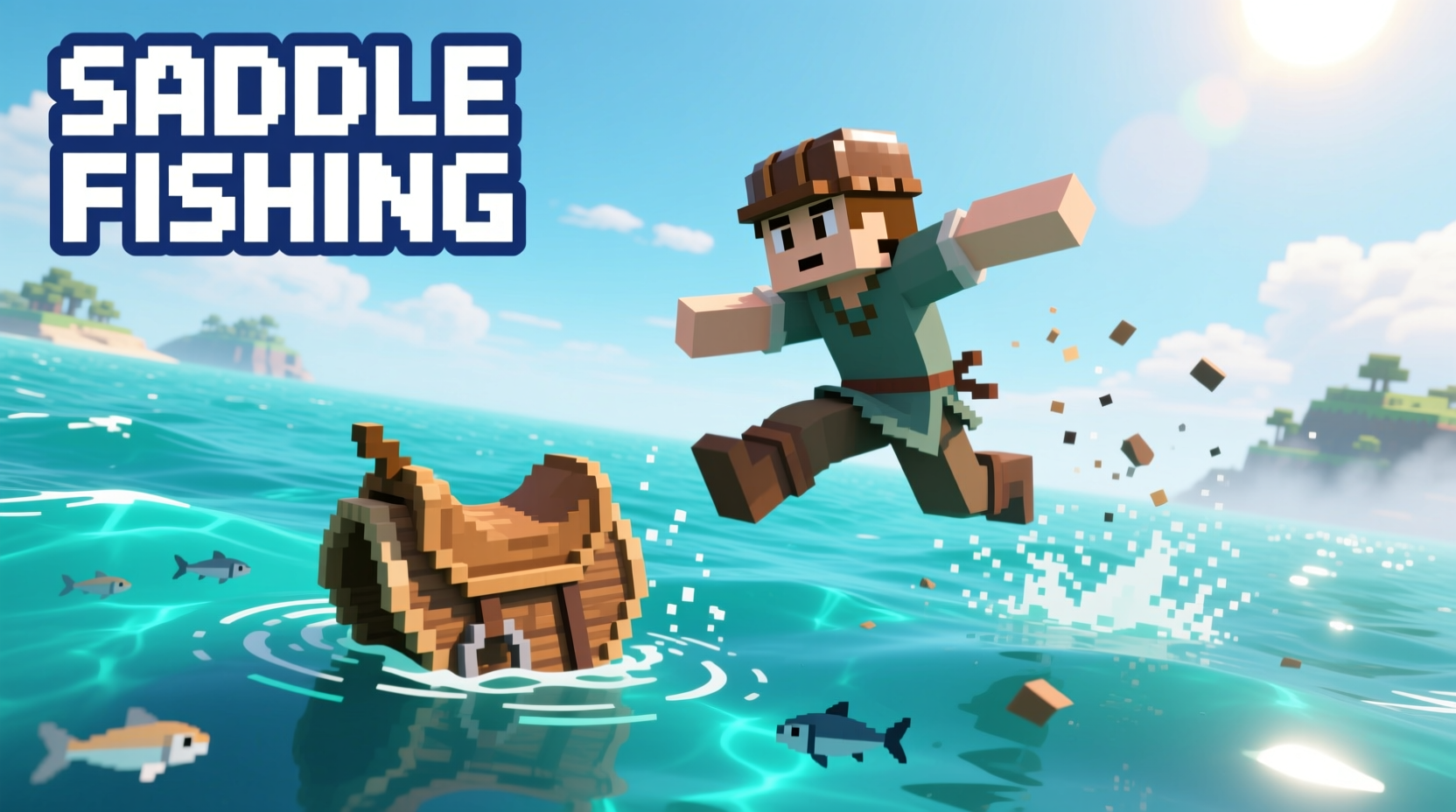 Player catching saddle while fishing in Minecraft ocean