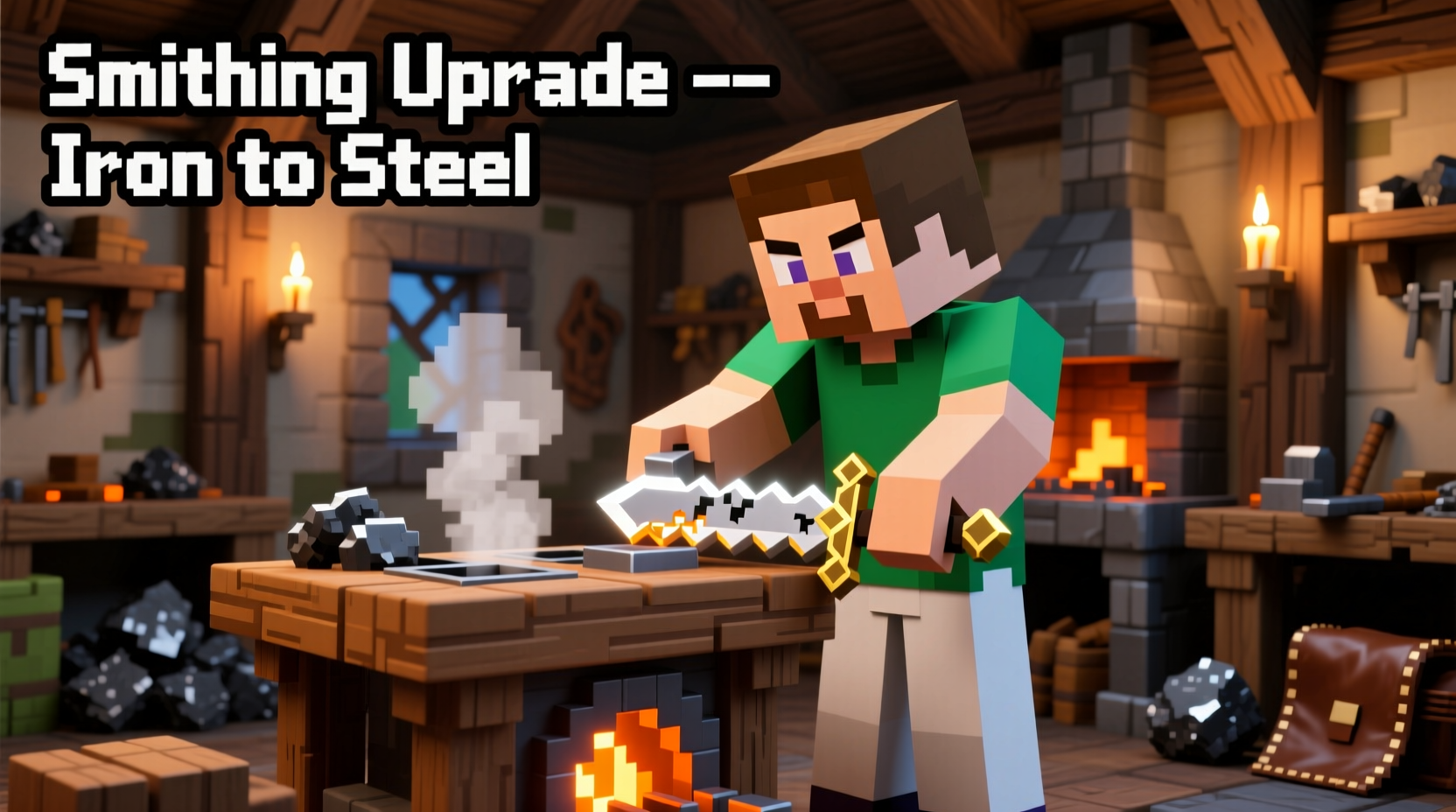 Minecraft player using smithing table to upgrade gear
