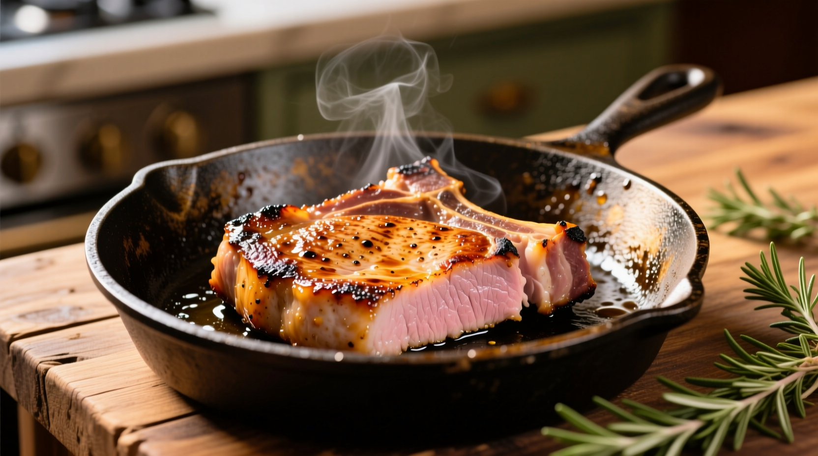 Perfectly seared pork chops in cast iron skillet