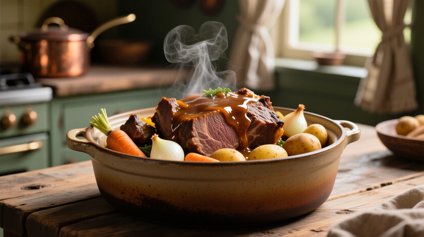 Perfectly cooked pot roast with vegetables in crock pot