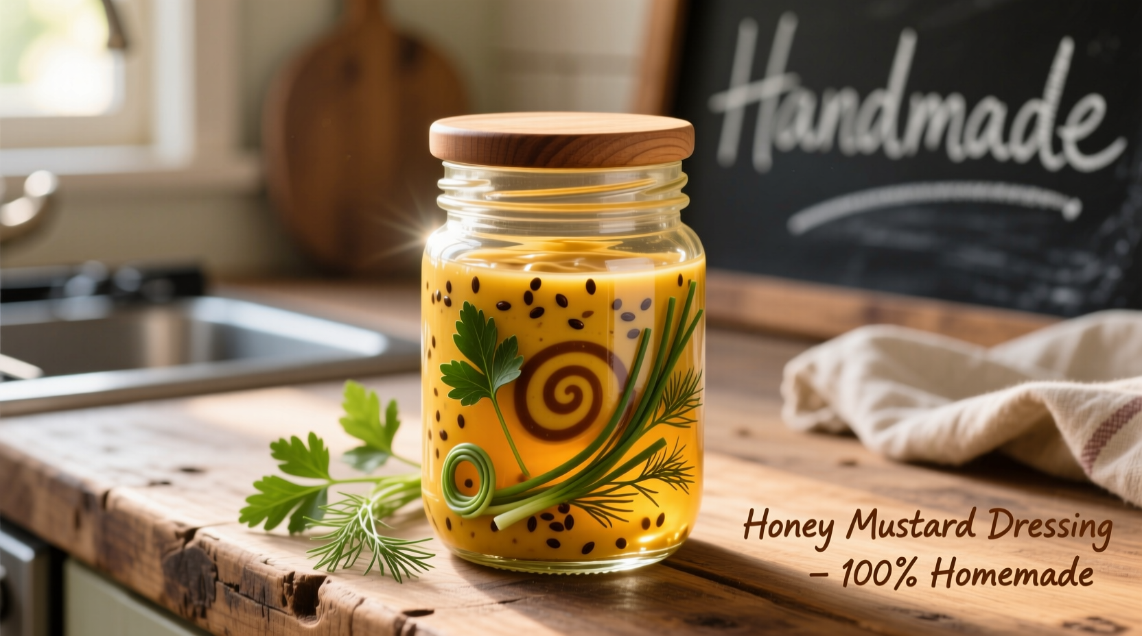 Homemade honey mustard dressing in glass jar with herbs