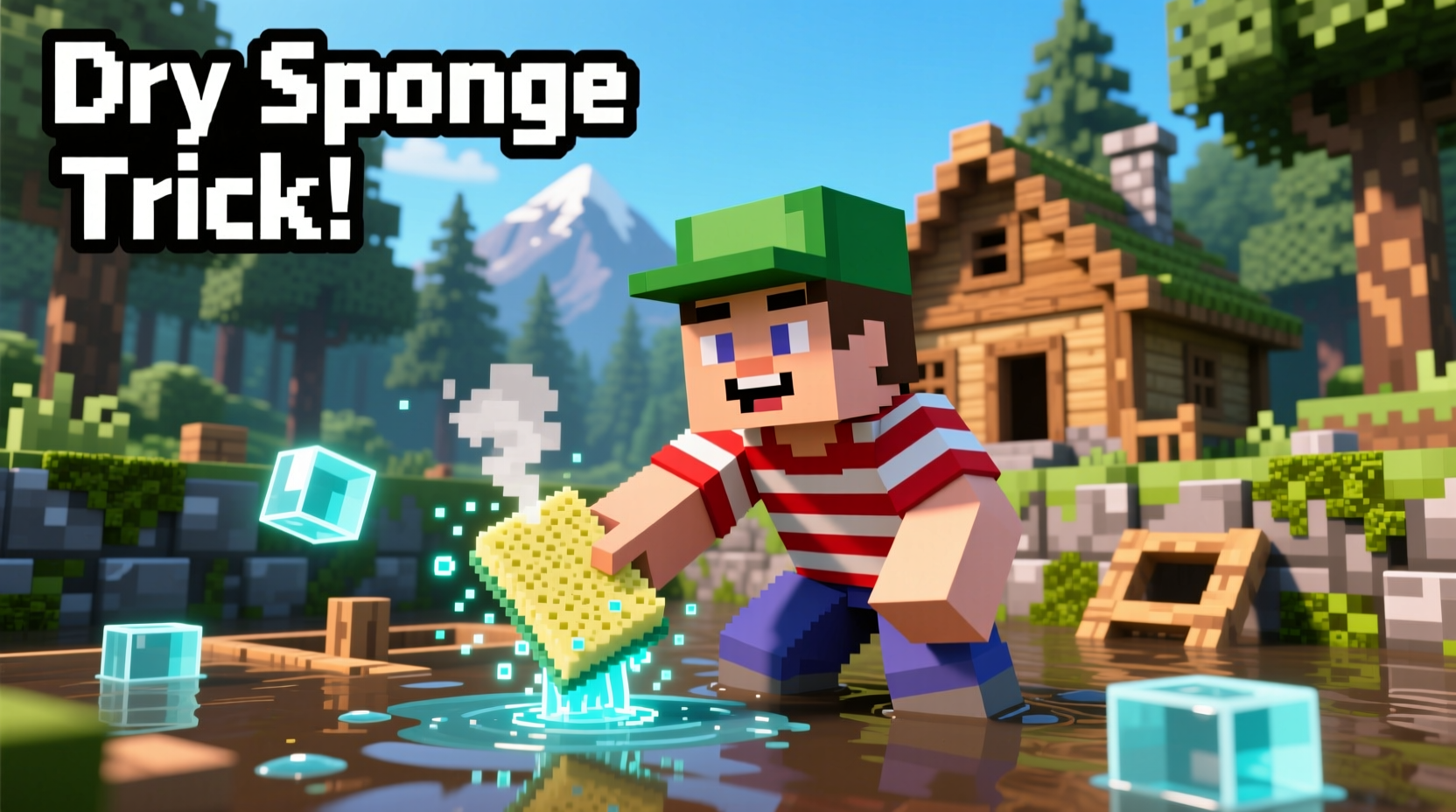 Minecraft player using dry sponge to remove water in building project
