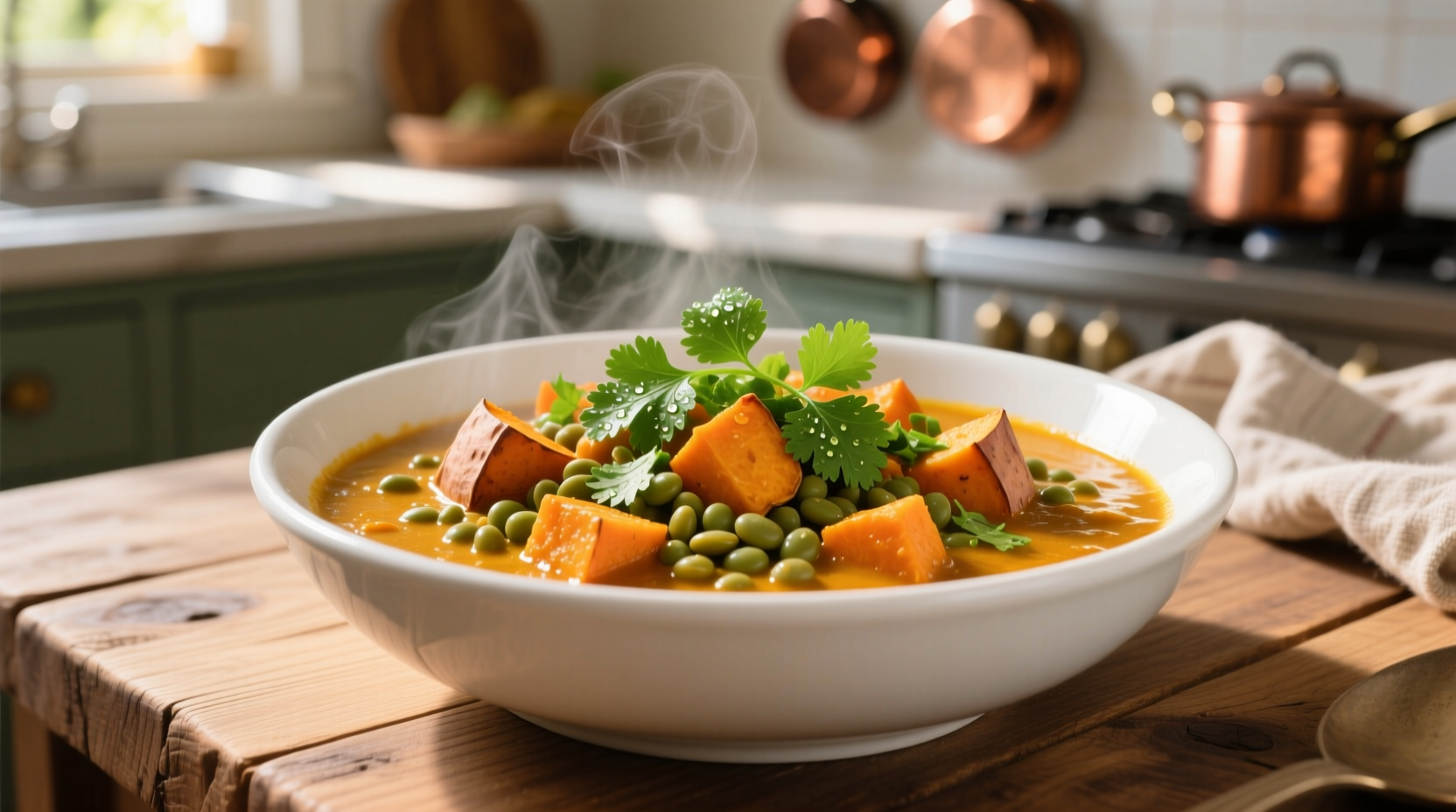 Süßkartoffel-Linsen-Curry in weißer Schüssel mit frischem Koriander