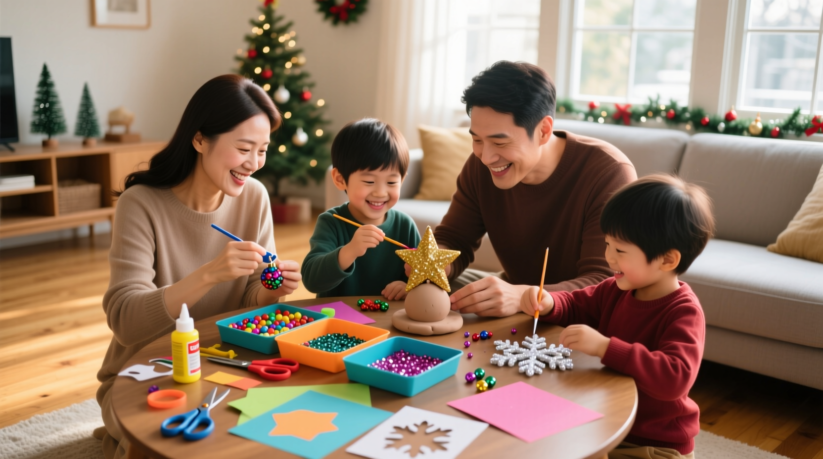 Family creating handmade ornaments from craft kit