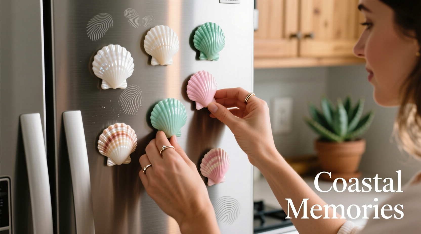 Hand arranging seashell magnets on refrigerator