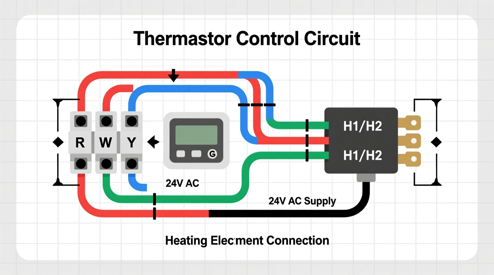 Wiring diagram for thermostat and heating element connections