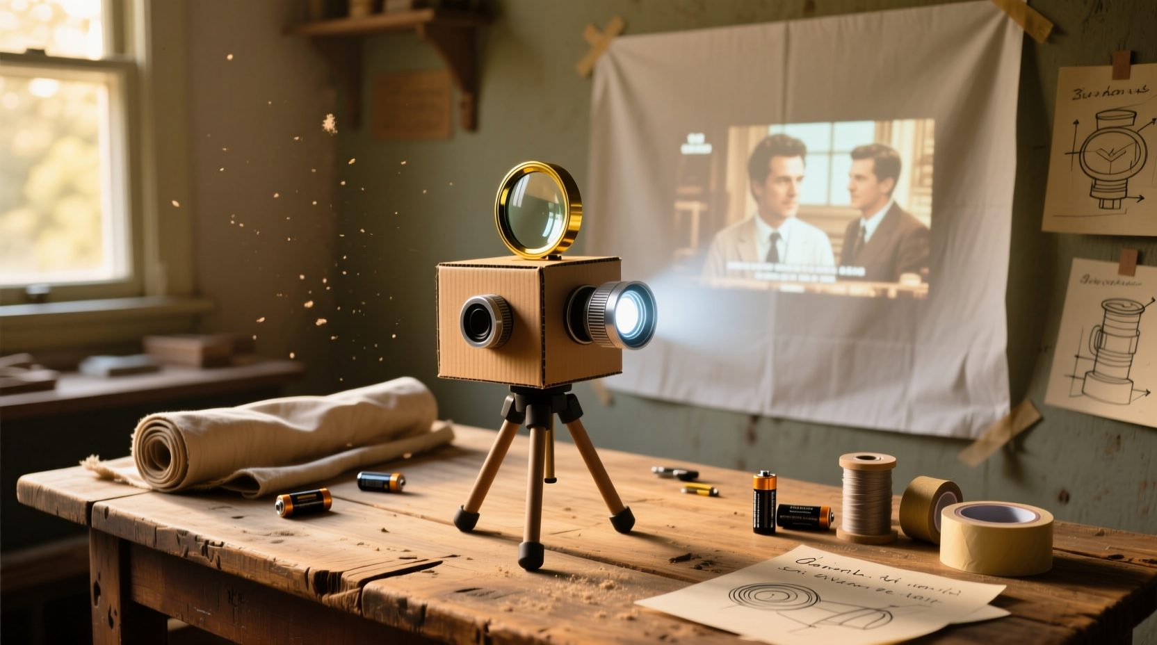 Homemade projector materials on wooden table
