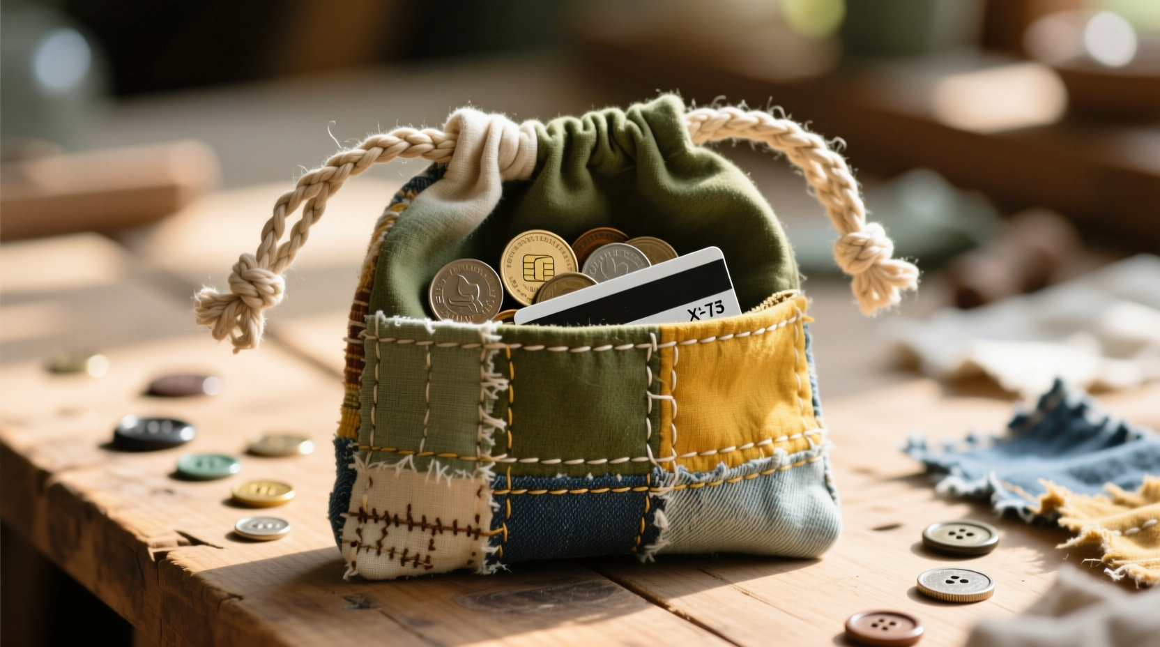 Finished upcycled pocket pouch holding coins and cards