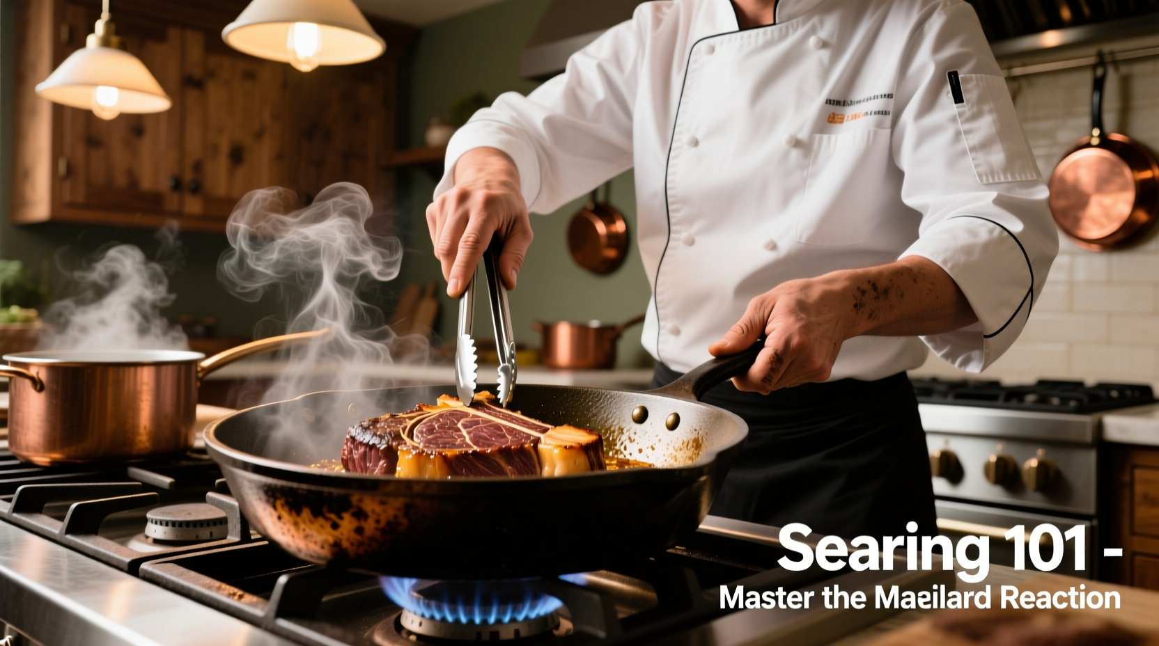 Chef demonstrating proper searing technique in cast iron skillet