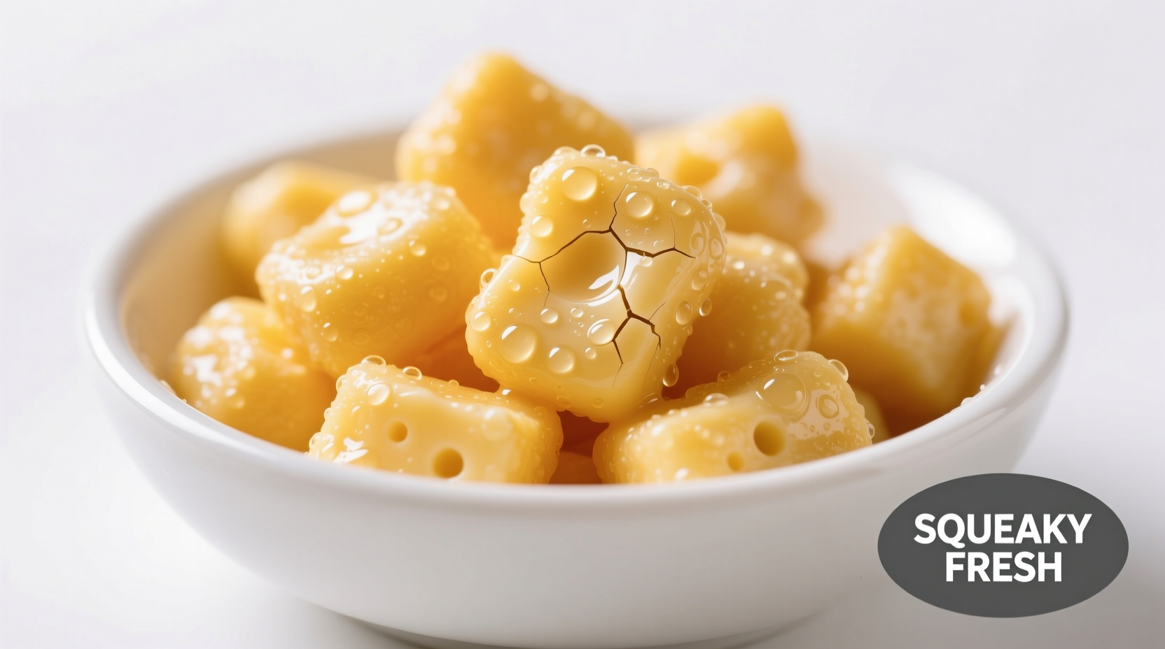 Fresh squeaky cheese curds in white bowl