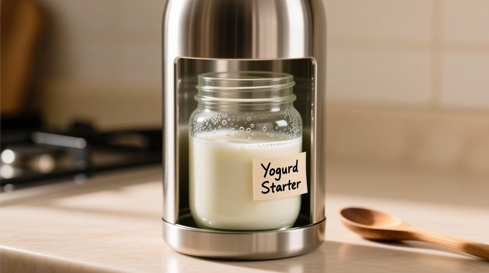 Glass jar with milk in thermos for yogurt fermentation