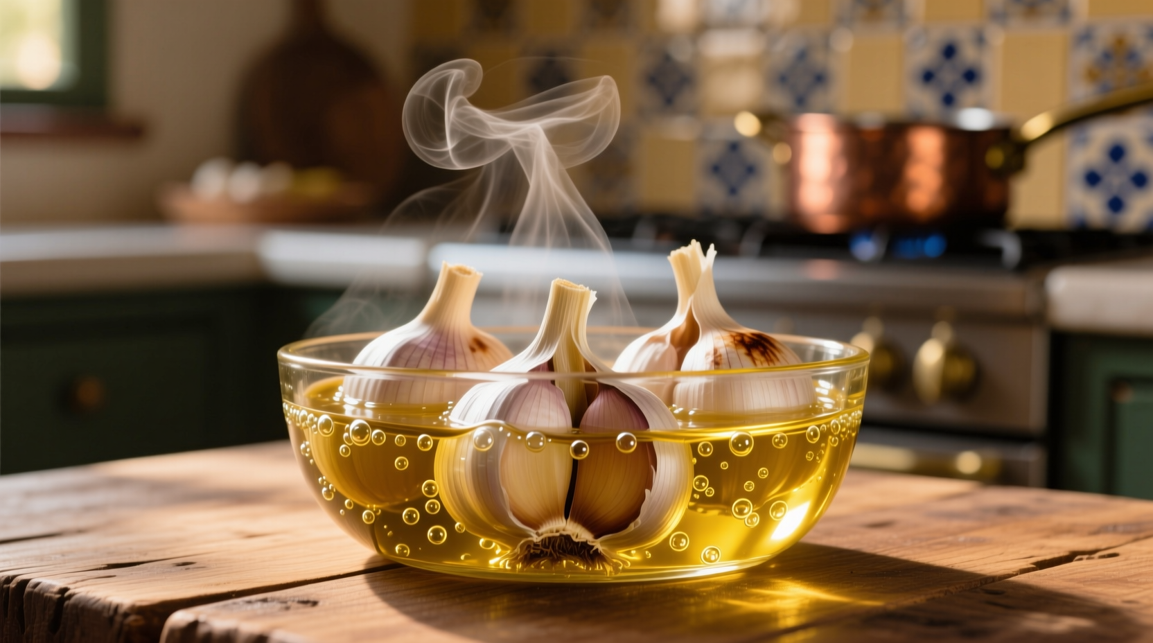 Garlic cloves simmering gently in golden oil