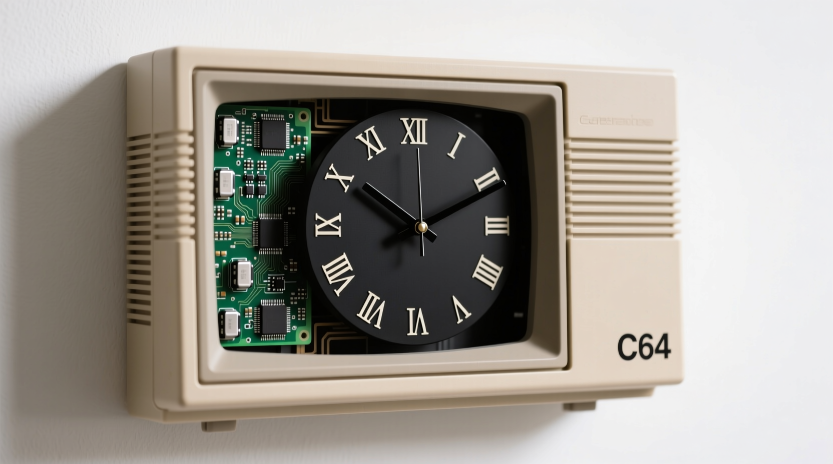 Retro Commodore 64 case repurposed as minimalist wall clock with visible circuit patterns