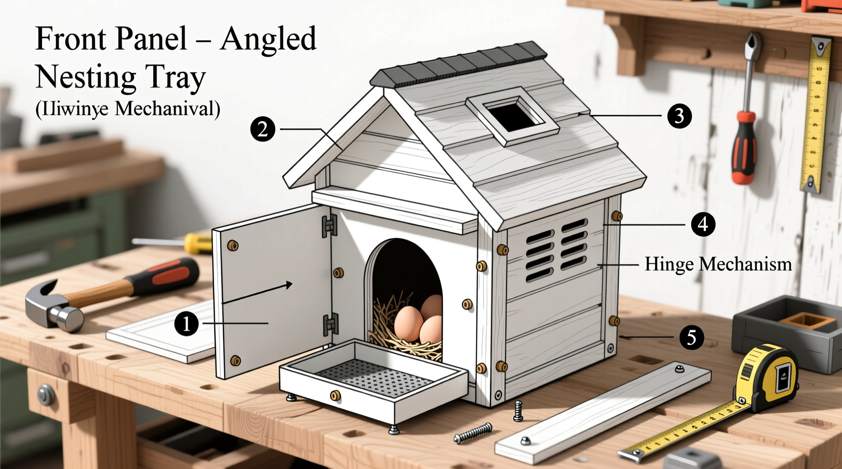 Step-by-step chicken nest box assembly with angled front