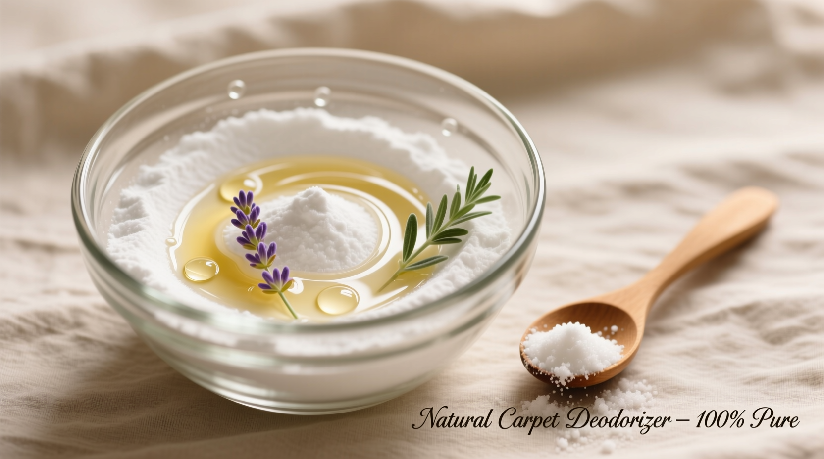 Baking soda and essential oils in glass bowl for carpet deodorizer