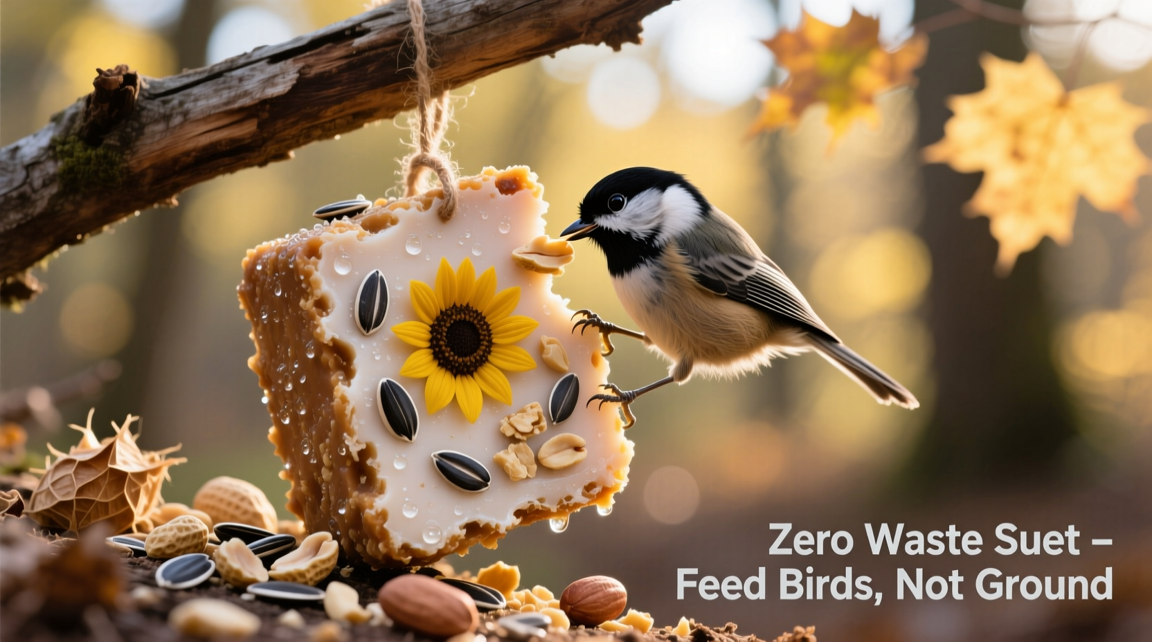 Homemade suet cake attracting chickadees with zero seed waste