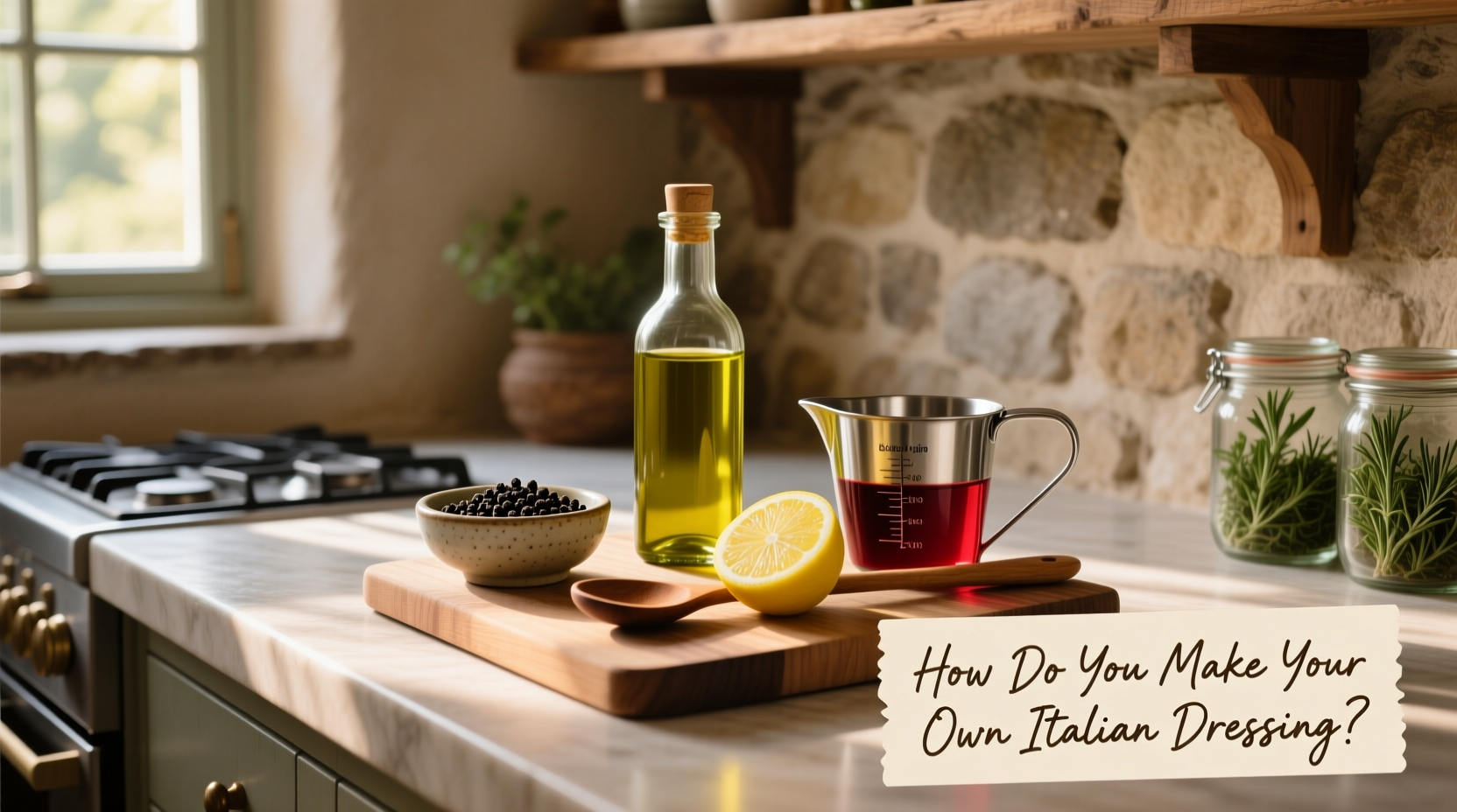 Hand pouring golden Italian dressing from a mason jar into a bowl of mixed greens
