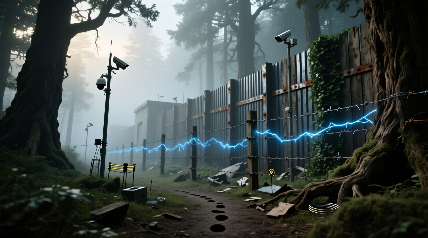 Electric fence and palisade wall defending base in The Forest