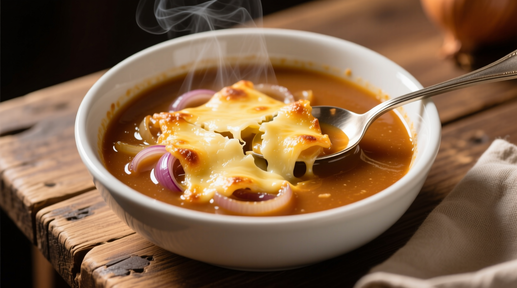 Golden onion soup in white bowl with melted cheese topping