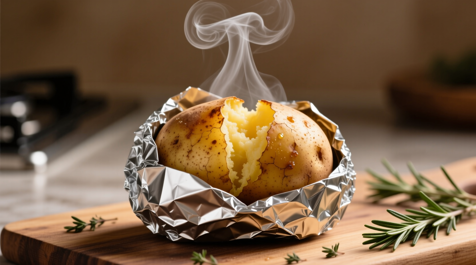 Perfectly baked potato wrapped in foil with steam rising