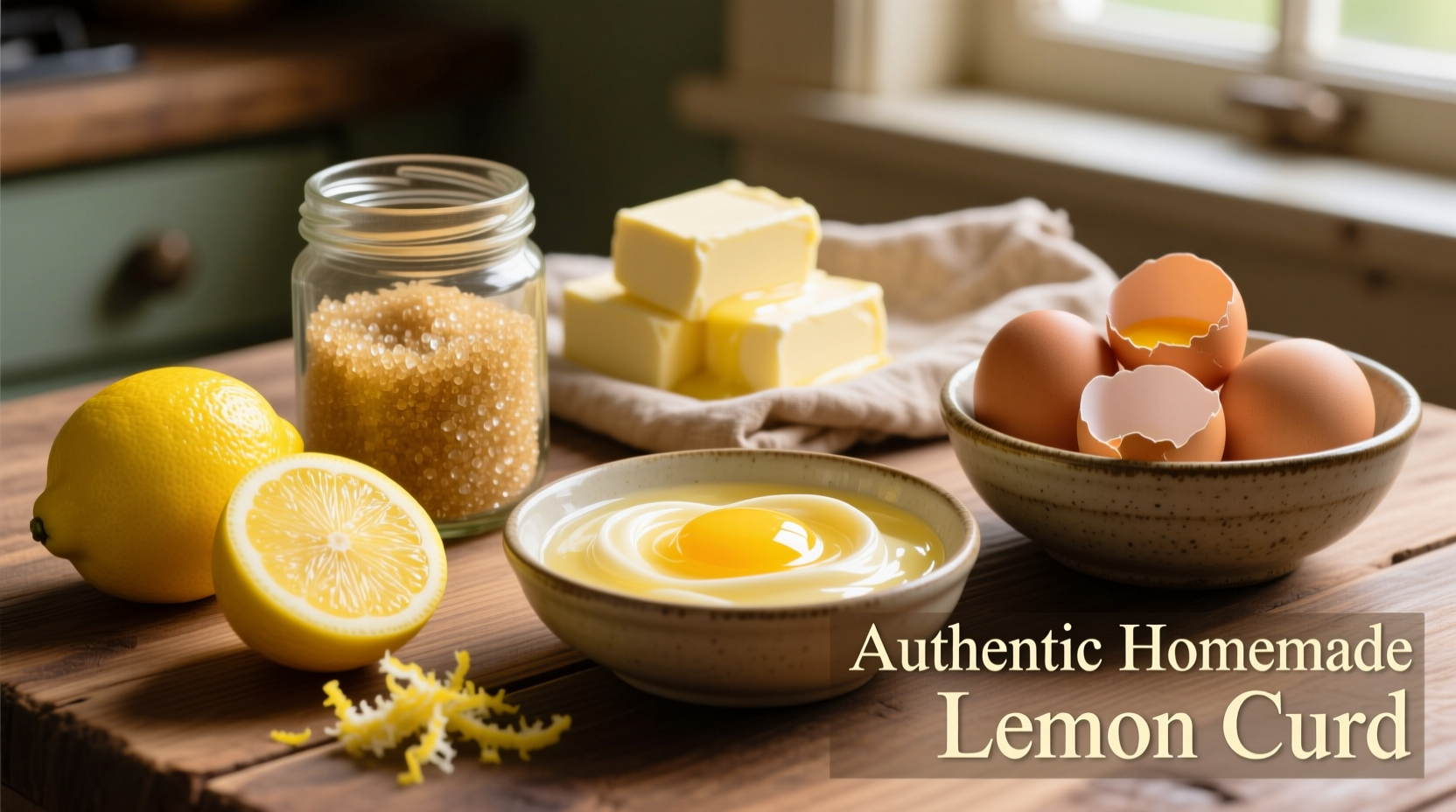 Fresh lemons, sugar, butter and eggs for homemade lemon curd